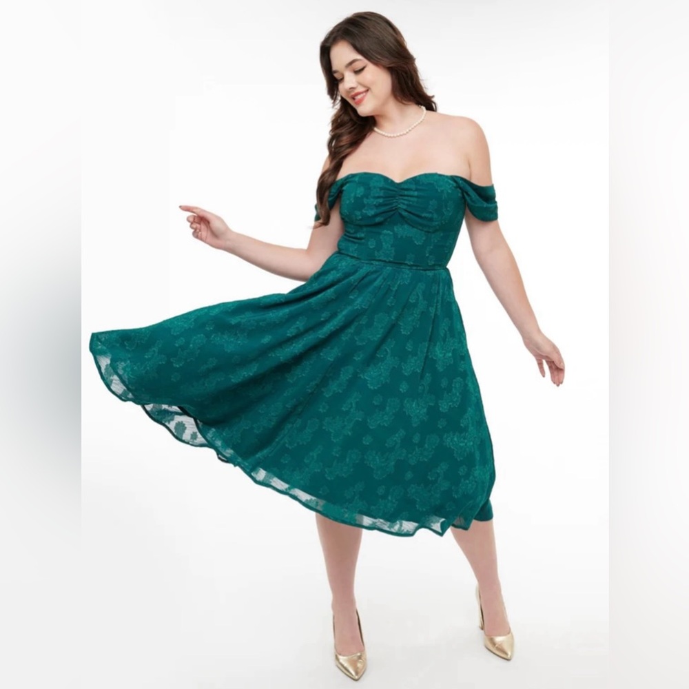 Unique Vintage 1950s Teal Green Jacquard Off Shoulder Flare Dress, Size  XL, NWT - Picture 2 of 15